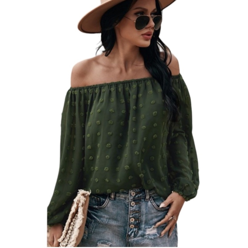 NEW! MISS SPARKLING Off Shoulder Top Blouse SWISS DOTS Olive Green Sheer S M L